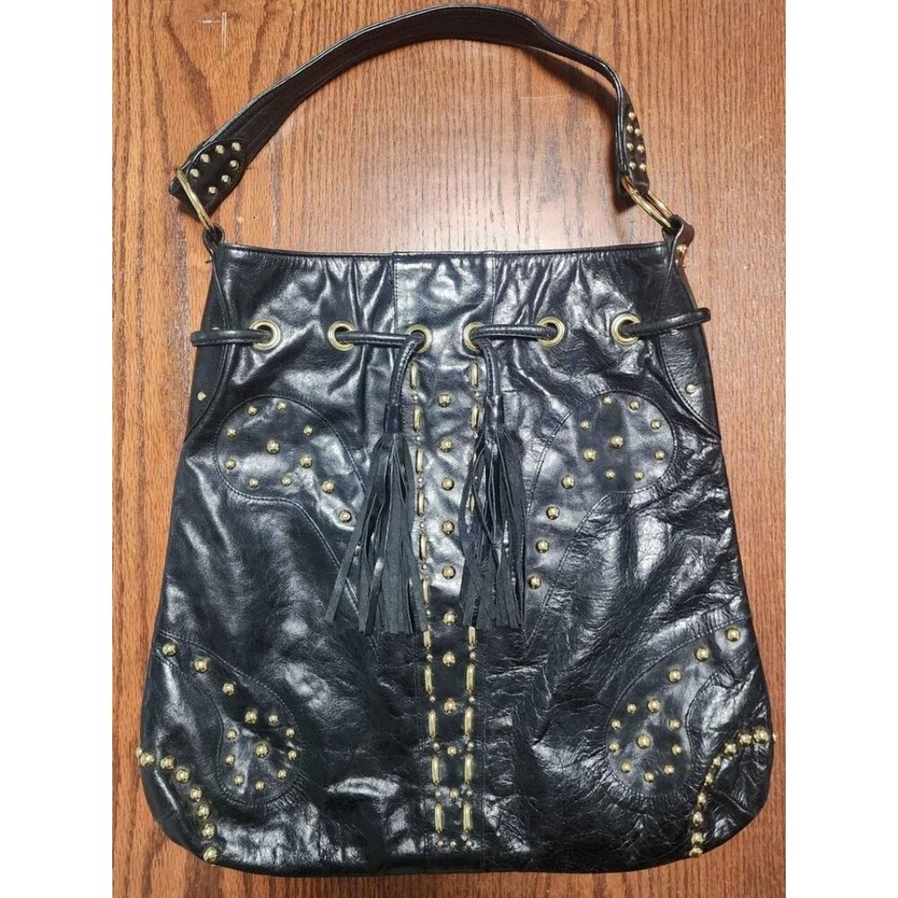 bebe Black Faux Leather Studded Boho Shoulder Bag Purse